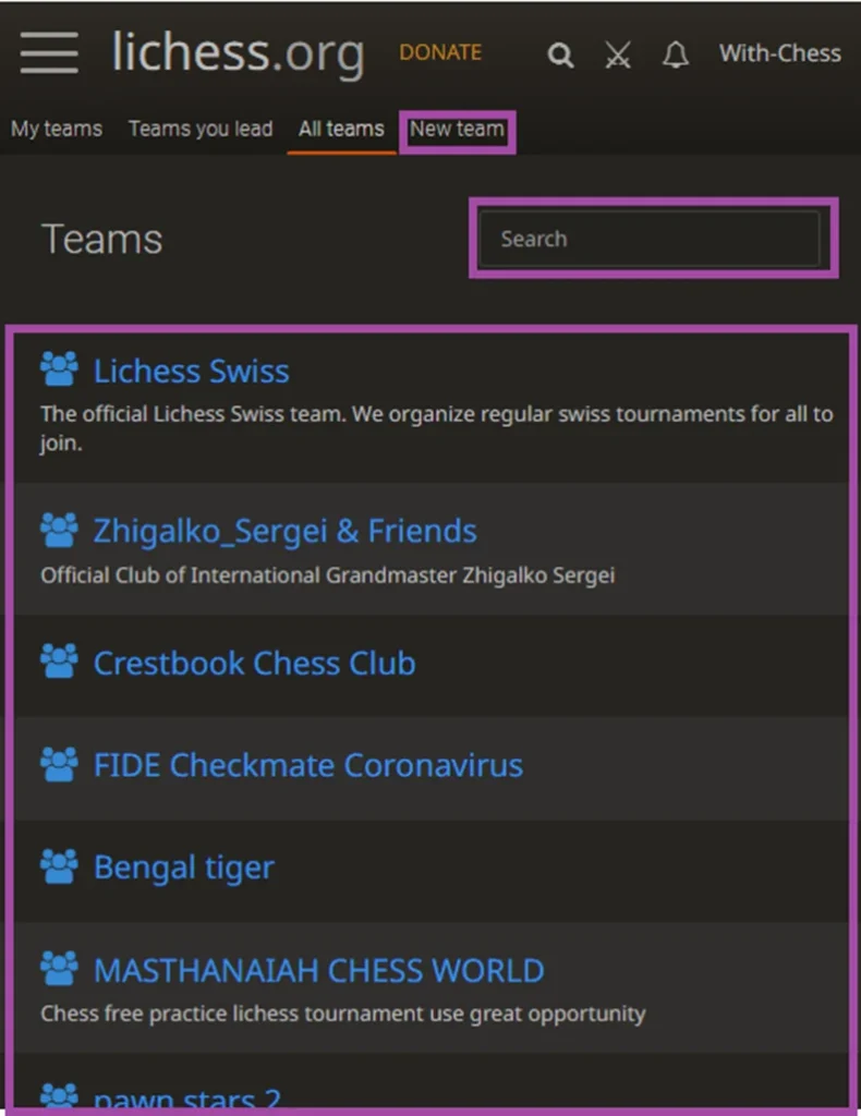 online chess club lichess teams search